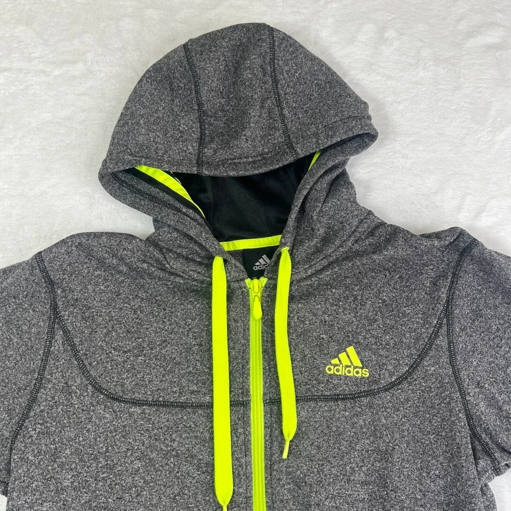 Adidas Performance Hoodie Men's M Gray Neon Yellow Full-Zip Hooded‎ Sweatshirt